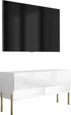 Produktbild von TV-Lowboard 100 cm Mattweiß / Hochglanzweiß, gerade goldene Beine, weiße LED, 100 × 32 × 52 cm
