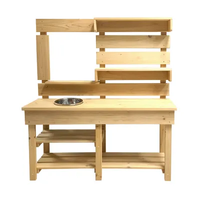 A wooden play kitchen with shelves and a sink.