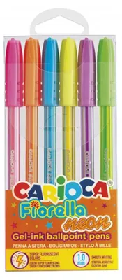Zdjęcie produktu dla Zestaw 6 długopisów Carioca fiorella w neonowych kolorach - długopisy z końcówką w kształcie kulki i przezroczystym korpusem w kolorze fluo - jaskrawe i kolorowe pismo - różne kolory