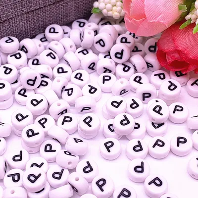 Produktbild von Buchstaben Perlen, 30 Stück, 4x7 mm, weiß mit schwarz, rund, Buchstabe P
