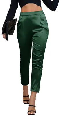 Produktbild von heipeiwa Damen Satin-Hose, lässig, plissiert, hohe Taille, Hose mit Taschen, M