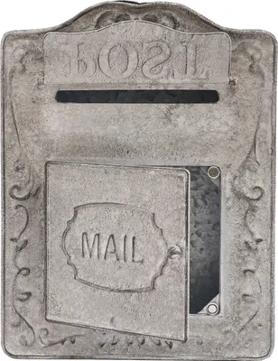 A close-up, front-facing view of a vintage-style, gray metal mailbox mounted on a wall.