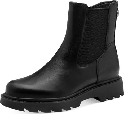 A studio shot of a black leather boot.