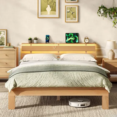Produktbild von VASAGLE Bettgestell 140 x 200 cm aus Massivholz Buche, Kopfteil mit LED und USB, ohne Lattenrost, Naturfarben