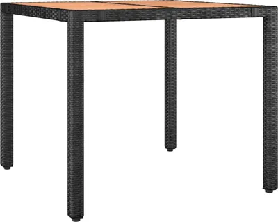 A square outdoor table with a black rattan base and a wooden top, shown against a white background.