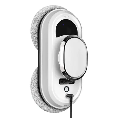 A white window cleaning robot with gray cleaning pads is shown against a white background.