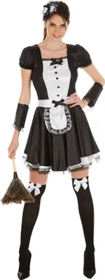 A woman in a maid costume holding a duster.