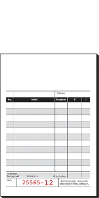 A blank receipt form with printed lines and columns for data entry.