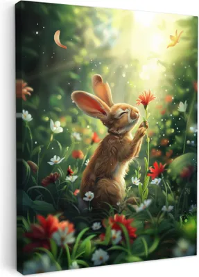 Zdjęcie produktu dla MuchoWow® - Obraz na płótnie - Królik - Zwierzęta - Kwiaty - Natura, fototapeta, dekoracja ścienna do salonu, 60x80cm