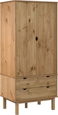 A tall wooden wardrobe with two doors and two drawers, standing on four legs.