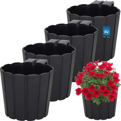 Obrázok produktu pre KOTARBAU® Sada 4 kvetináčov Závesné kvetináče ⌀ 15 cm V: 13 cm Antracitový kvetináč Plastový kvetináč Veľký vonkajší kvetináč Balkónové zábradlie Závesný kvetináč na balkón