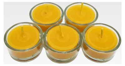 Produktbild von Handgegossene Teelichter aus Bienenwachs im Glas - 5er Set - Goldgelb - 100% natürliches Bienenwachs - Duft - Naturprodukt - Nachhaltig