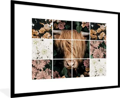 Produktbild von MuchoWow® MuchoWow® Gerahmtes Poster Collage - Schottisches Hochlandrind - Blumen 90x60 cm - Poster mit zchwarzem Bilderrahmen - Wanddekoration - Fotos