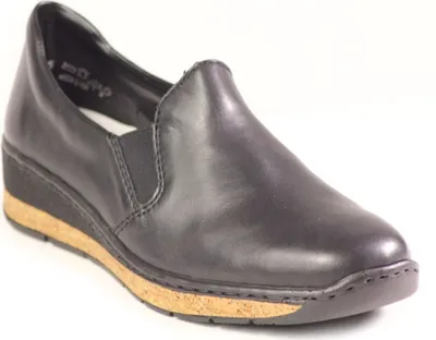 Produktbild von Rieker Slipper, Glattleder, Schwarz, Größe 40, Normalweite, ANTISTRESS, gepolsterte Lederdecksohle, Elastikeinsatz, ultraleicht, Keilabsatz, Kork-Glitzer-Optik Sohle