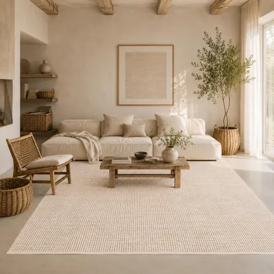 Produktbild von Baumwolle Natur Kelim Teppich Sandy Beige Modern, Größe:70x140 cm, KI-generiertes Bild