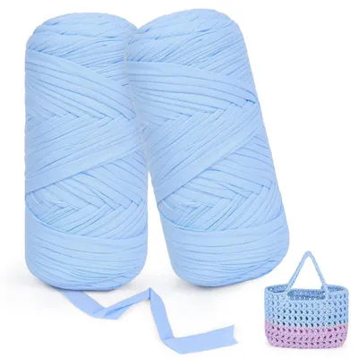 Image de Fil à tricoter pour t-shirt, 2x200g, bleu azur, fil textile de 2 cm d'épaisseur, idéal pour les projets de décoration intérieure, sacs, paniers, couvertures, et autres créations faites maison