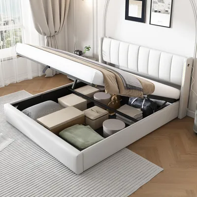 Immagine prodotto di Letto imbottito 160 x 200 cm, con cassettone a sollevamento idraulico, illuminazione LED, porta USB, porta di tipo C, rivestimento in PU, colore bianco
