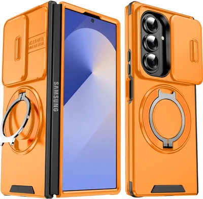 Image de Etui double couche pour Samsung Galaxy Z Fold7, avec couvercle coulissant pour l'appareil photo et anneau magnétique Orange