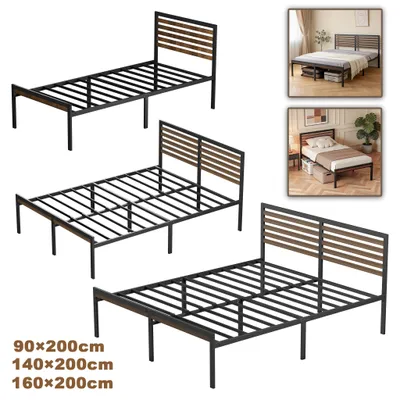 Obrázek produktu pro YARDIN Robustní kovová postel s imitací dřeva, 160 x 200 cm, s čelem, snadná montáž