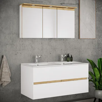 Produktbild von VCM 3-tlg. Doppelwaschtisch Cosila mit Doppel Keramikbecken – Badschrank  H. 51 x B. 111 x T. 51 cm mit 2 Softclose-Schubladen, Spiegelschrank mit Beleuchtung & Steckdose, Waschplatz Set Cosila-I