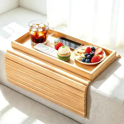 Image de Omgoods - Plateau pliable pour canapé avec accoudoir en bambou, idéal pour les collations et les boissons