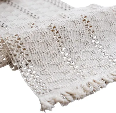 Obrázek produktu pro Běhoun na stůl z bavlněného plátna se střapci v boho stylu, obdélníkový ubrus z háčkované krajky