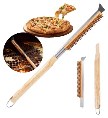 Obrázok produktu pre Kefa na čistenie pizzapece, 53 cm, s škrabkou, s mosadznými štetinami a drevenou rukoväťou