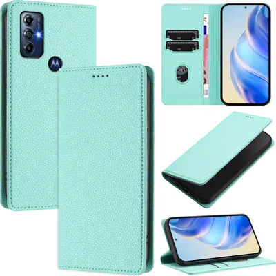 Produktbild von Litchi Leder Handyhülle für Motorola Moto G Play 2022 Wallet Kartenfächer Standfunktion Hülle Türkis