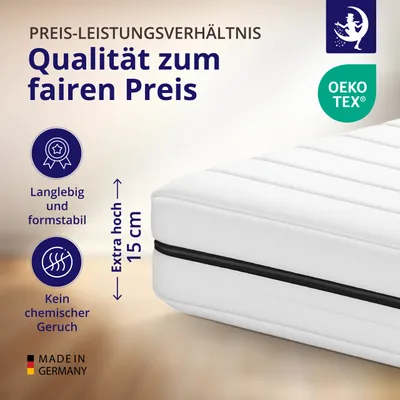 Produktbild von Kaltschaummatratze 90 x 200 cm – 15 cm Höhe – H2 & H3 – ergonomisch, atmungsaktiv & punktelastisch