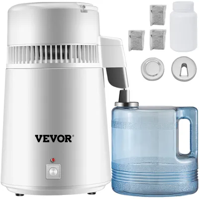 A white water distiller with a blue water collection jug and accessories.