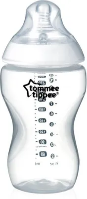 A clear, studio shot of a Tommee Tippee baby bottle.