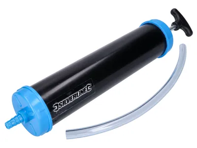 A black and blue oil extraction pump with a clear tube, shown against a white background.