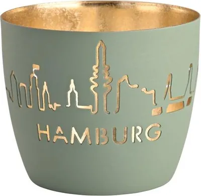 Produktbild von Gift Company Windlicht Madras Hamburg Skyline M, Teelichthalter, Kerzenhalter, Eisen, Powder Blue / Gold, H 8.5 cm, 1144404063