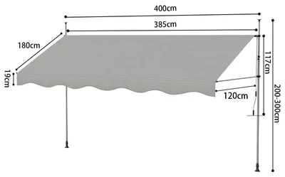Zdjęcie produktu dla Markiza boczna z wysuwanym ramieniem – osłona balkonowa – długość 400 cm – regulowana wysokość – polibawełna – z uchwytem ściennym – kolor szary