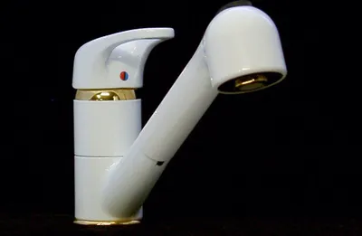 Produktbild von Einhebel Spültischarmatur mit ausziehbarer Geschirrbrause in Weiss - Gold. Niederdruck.