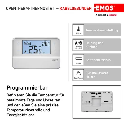 Produktbild von Emos Digitaler Raumthermostat mit OpenTherm-Unterstützung - Programmierbarer, verkabelter, oberflächenmontierbarer Thermostat, weiß, 12,6 x 8,4 x 2,6