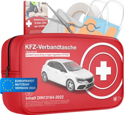 Produktbild von Auto Verbandskasten - Neue Norm 2025 -  DIN 13164 - STVO & 2x Maske Erste Hilfe KFZ Verbandstasche Kit First Aid Auto Zubehör
