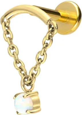 Produktbild von Ohrpiercing, Nasenpiercing Titan Labret mit Push Fit BOGEN + KETTE + SYNTHETISCHER OPAL Gold Stablänge: 9mm | Stabstärke: 1,2mm