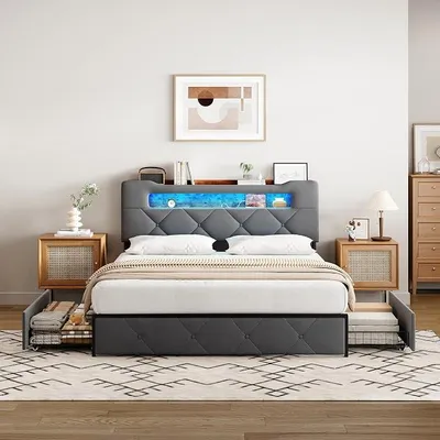 Productafbeelding van Boxspringbed 140x200 cm met LED-verlichting en USB-oplaadfunctie, bed met opbergruimte en 4 lades, tweepersoonsbed met lattenbodem en een hoofdeinde met opbergruimte, jeugdbed