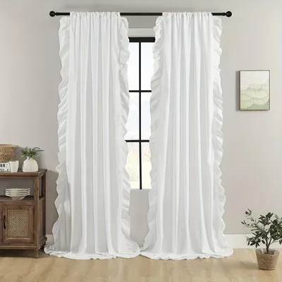 Immagine prodotto di Set di 2 tende con volant, bianco, con passanti per l'asta, per sala da pranzo, camera da letto e soggiorno, L132 x A274 cm