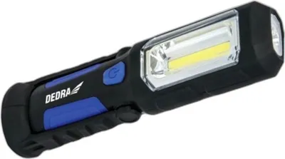 A black and blue rechargeable flashlight with a bright LED light.