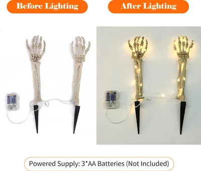 Obrázek produktu pro Balení 2 ks halloweenských kostlivců s 48 LED diodami, 1,5 m dlouhá světelná řetěz, napájení na baterie, realisticky vypadající kůly pro party rekvizity, venkovní zahradní dekorace