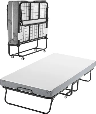 A folded and an unfolded portable bed with mattress.