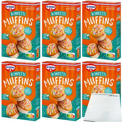 Produktbild von Dr. Oetker Backmischung für bunte Konfetti Muffins mit Backförmchen und Glasur 6er Pack (6x325g Packung) + usy Block