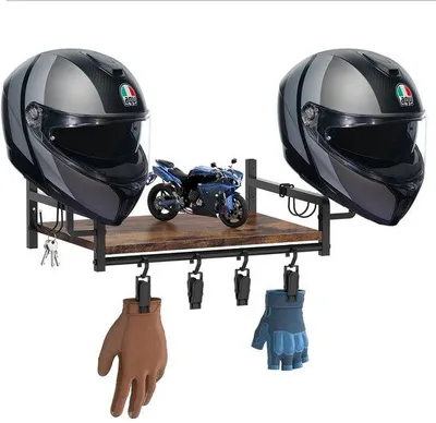Obrázek produktu pro Držák na motocyklovou helmu z nerezové oceli a dřeva, montáž na zeď, háček na motocyklové helmy, hnědý