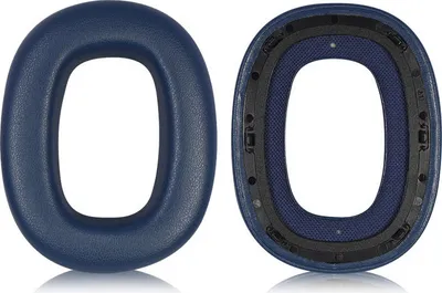 Two blue ear pads for headphones are shown against a white background. One ear pad is shown from the outside, and the other is shown from the inside, revealing the mesh and mounting mechanism.