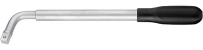 A studio shot of a L-shaped socket wrench with a black handle against a white background.