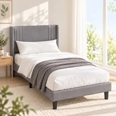 Obrázek produktu pro INONEFT Čalouněná postel, jednolůžko, 90 x 200 cm, s rošt, postel pro mládež s čelem, stabilní konstrukce z dřeva a kovu (šedá, 90x200 cm)