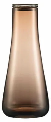 A tall, narrow glass vase with a rounded base and a tapered neck, presented against a white background.