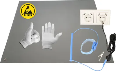 Produktbild von Minadax 40 x 30cm Antistatik ESD Computer Matte Tischmatte „“ inkl. Manschette + 2,4m Verlängerung + ESD Handschuhe GR-L